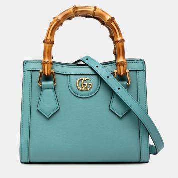Pre Owned Gucci Blue Mini Calfskin Bamboo Diana Satchel