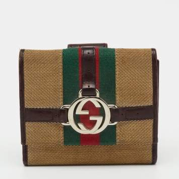 Pre Owned Gucci Beige/Brown Canvas and Leather Web GG Reins Compact Wallet