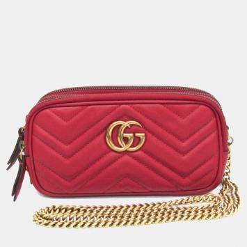 Pre Owned Gucci GG Marmont Leather Shoulder Bag Red Color