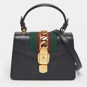 Pre Owned Gucci Black Leather Mini Web Sylvie Top Handle Bag