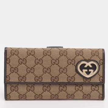 Pre Owned Gucci Beige/Brown GG Canvas Lovely Heart Continental Wallet