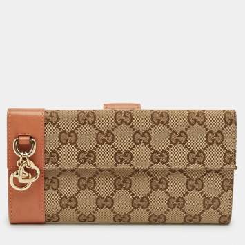 Pre Owned Gucci Beige/Peach GG Canvas and Leather Heart Charm Continental Wallet