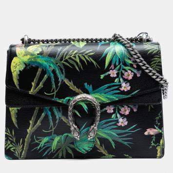 Pre Owned Gucci Black Medium Leather Tropical Print Dionysus Shoulder Bag