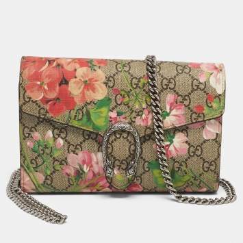 Pre Owned Gucci Old Rose/Beige GG Supreme Canvas Dionysus Blooms Wallet on Chain