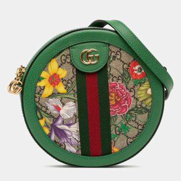 Pre Owned Gucci Beige Brown Mini GG Supreme Flora Ophidia Round Crossbody