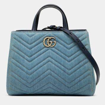 Pre Owned Gucci GG Marmont Matelasse Pearly Small Blue Denim Satchel Bag