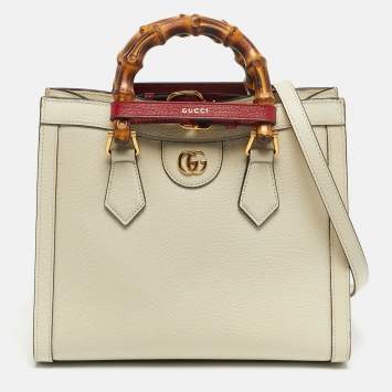 Pre Owned Gucci Off White Leather Small Bamboo Diana Tote