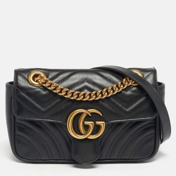 Pre Owned Gucci Black Matelassé Leather Mini GG Marmont Shoulder Bag