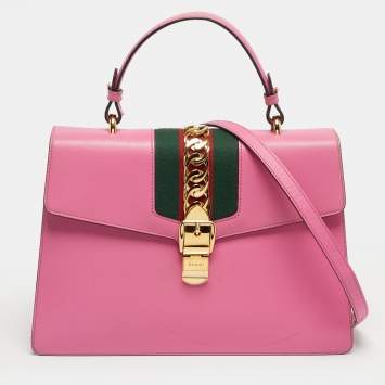 Pre Owned Gucci Fuchsia Leather Medium Web Sylvie Top Handle Bag