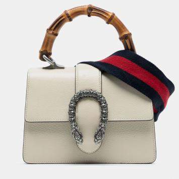 Pre Owned Gucci White Mini Leather Bamboo Dionysus Web Satchel