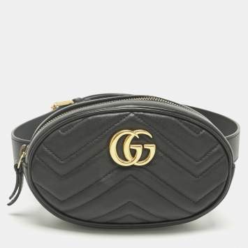 Pre Owned Gucci Black Matelassé Leather Mini GG Marmont Belt Bag