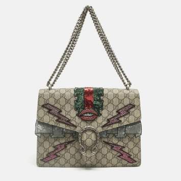 Pre Owned Gucci Beige GG Supreme Canvas and Suede Medium Patchwork Crystal Dionysus Shoulder Bag