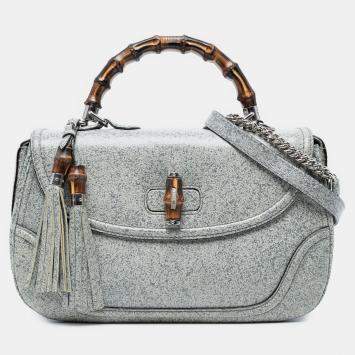 Pre Owned Gucci Grey Large Speckled Leather New Bamboo Top Handle Bag