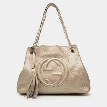 Pre Owned Gucci Gold Medium Metallic Leather Soho Chain Tote