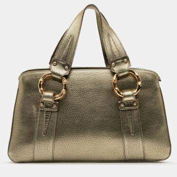 Pre Owned Gucci Gold Metallic Calfskin Metal Bamboo Handbag