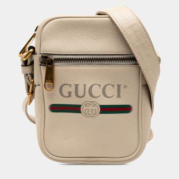 Pre Owned Gucci White Mini Grained Calfskin Logo Crossbody