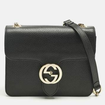 Pre Owned Gucci Black Leather Dollar Interlocking G Flap Chain Shoulder Bag