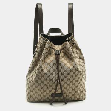 Pre Owned Gucci Beige/Brown GG Canvas and Leather Drawstring Backpack