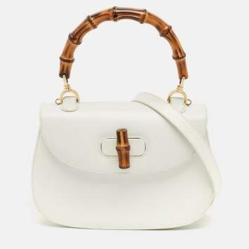 Pre Owned Gucci White Leather Centennial Bamboo Top Handle Bag