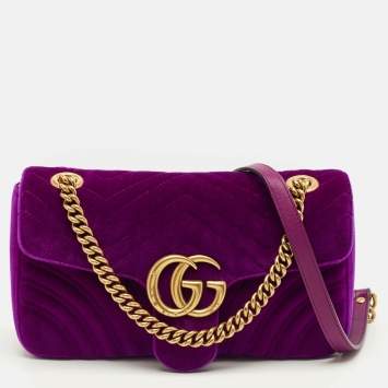 Pre Owned Gucci Purple Matelasse Velvet Small GG Marmont Shoulder Bag