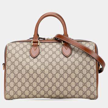 Pre Owned Gucci Beige Brown Medium GG Supreme Satchel