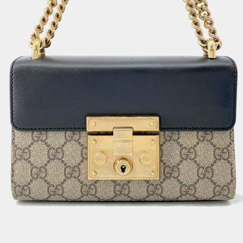 Pre Owned Gucci GG Supreme Padlock Chain shoulder Bag Beige/Black Gg Supreme Leather Size Small