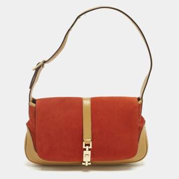 Pre Owned Gucci Jackie O Flap Tan/Orange Leather and Suede Shoulder Bag