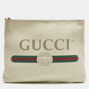 Pre Owned Gucci Logo Print Off White Leather Zip Pouch
