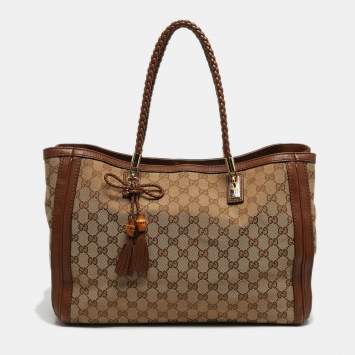 Pre Owned Gucci Bella Brown/Beige GG Canvas and Leather Tote