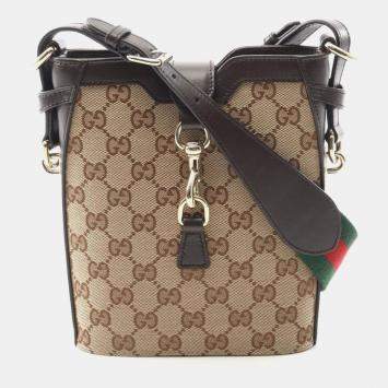 Pre Owned Gucci Gg Shadow Mini Bucket Shoulder Bag Canvas And Leather Beige Brown