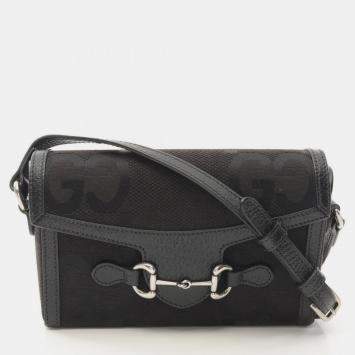 Pre Owned Gucci Horsebit 1955 Jumbo GG Black Canvas Leather Shoulder Bag 