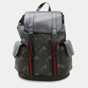 Pre Owned Gucci Soft Gg Supreme Sherry Line Backpack Tiger Pvc Leather Black Grey