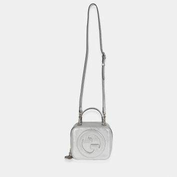 Pre Owned Gucci Silver Metallic Sakai Be Green Calfskin Diagonal Stitched Blondie Top Hand