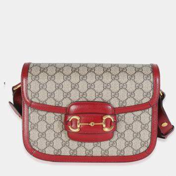 Pre Owned Gucci Cherry Red Beige GG Supreme Azalea Calfskin Horsebit 1955 Shoulder Bag