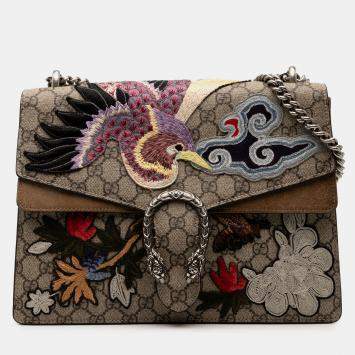 Pre Owned Gucci Brown Medium GG Supreme Embroidered Bird and Flowers Dionysus Shoulder Bag