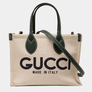 Pre Owned Gucci Brown/Green Medium Canvas Logo Tote