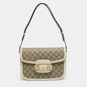 Pre Owned Gucci Horsebit 1955 Medium White/Beige GG Supreme Canvas Flap Shoulder Bag