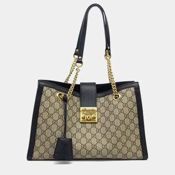 Pre Owned Gucci Beige Black PVC Supreme Padlock Shoulder Bag