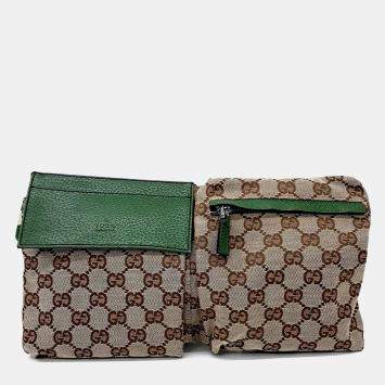 Pre Owned Gucci Beige Green Fabric Two-Pocket Hip Sack