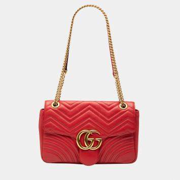 Pre Owned Gucci Red Large GG Marmont Matelasse Leather Shoulder Bag