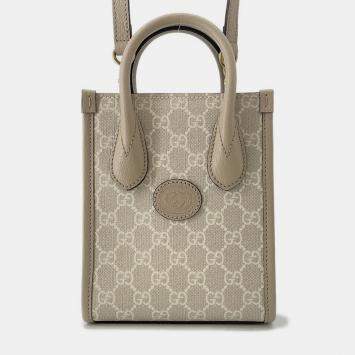 Pre Owned Gucci Interlocking G Gg Supreme 2-Way Mini Tote Beige Leather Pvc
