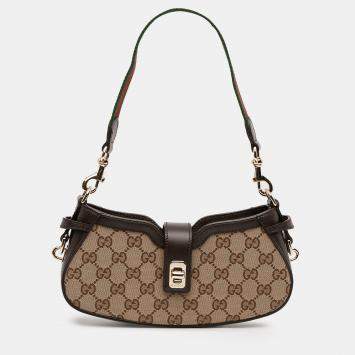 Pre Owned Gucci Brown Gucci Mini GG Supreme Moon Side Web Shoulder Bag