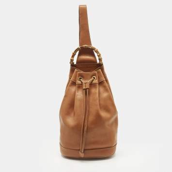 Pre Owned Gucci Bamboo Brown Leather Drawstring Sling Backpack