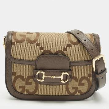 Pre Owned Gucci Horsebit 1955 Mini Brown GG Jumbo Canvas and Leather Crossbody Bag