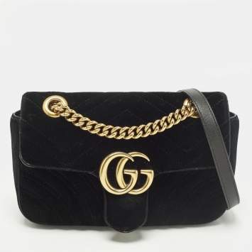 Pre Owned Gucci GG Marmont Flap Mini Black Matelassé Velvet Shoulder Bag