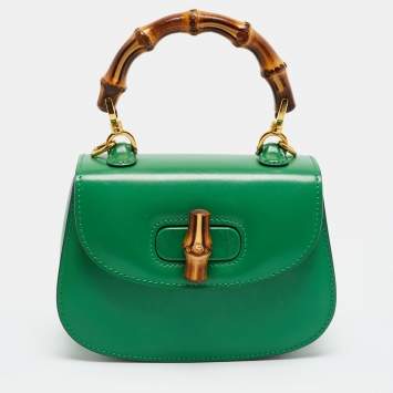 Pre Owned Gucci 1947 Bamboo Mini Green Leather Top Handle Bag
