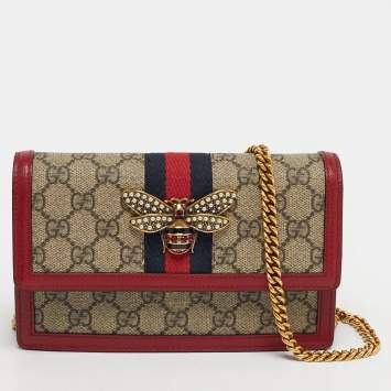 Pre Owned Gucci Web Queen Margaret Red/Beige GG Supreme Canvas Wallet On Chain