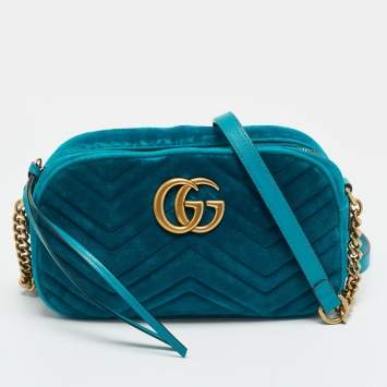Pre Owned Gucci GG Marmont Small Teal Matelassé Velvet Camera Bag