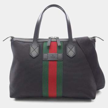 Pre Owned Gucci Sherry Line Black Multicolor Leather Nylon Canvas Tote Bag