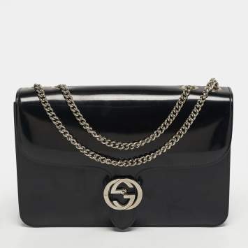 Pre Owned Gucci Interlocking G Medium Black Patent Leather Shoulder Bag